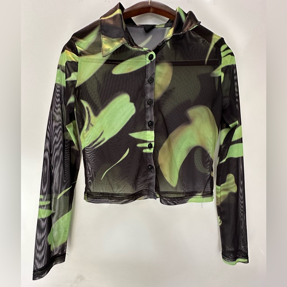 Y2K Sheer Mesh Black and Green Graphic Long Sleeve Button Up Top